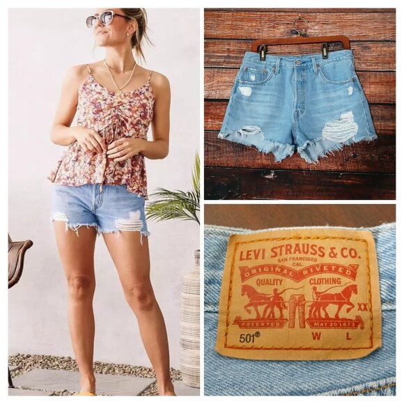 Levis 501 Original Jean Shorts Size 8 Cut Offs Button Fly High Rise Distressed - Picture 1 of 8